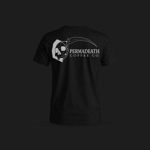 Black t-shirt with 'Permadeath Coffee Co.' logo on a dark background