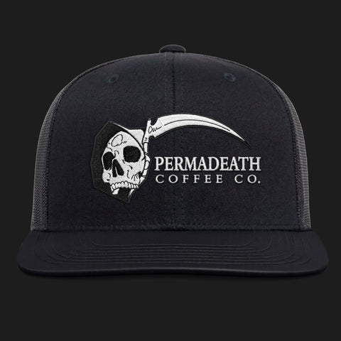 Black cap with a skull and scythe logo and 'Permadeath Coffee Co.' text on a black background