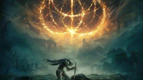 Dramatic scene with a warrior holding a sword in a dark, misty landscape with a glowing circular structure above.