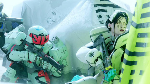 Two characters in futuristic suits with weapons in a high tech environment