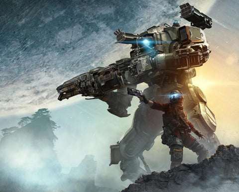 Large robot or mecha in a sci-fi setting with a person standing nearby.