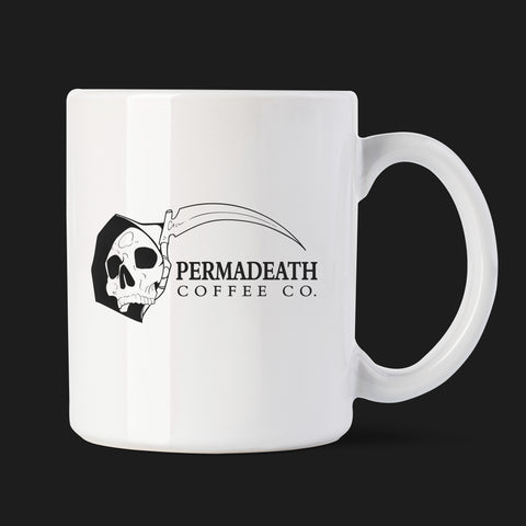 White mug with Permadeath Coffee Co. logo on a black background