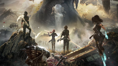 Group of characters in a fantasy setting with large creatures and a dark sky.