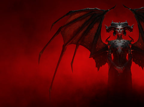 Demon-like creature with wings against a red background